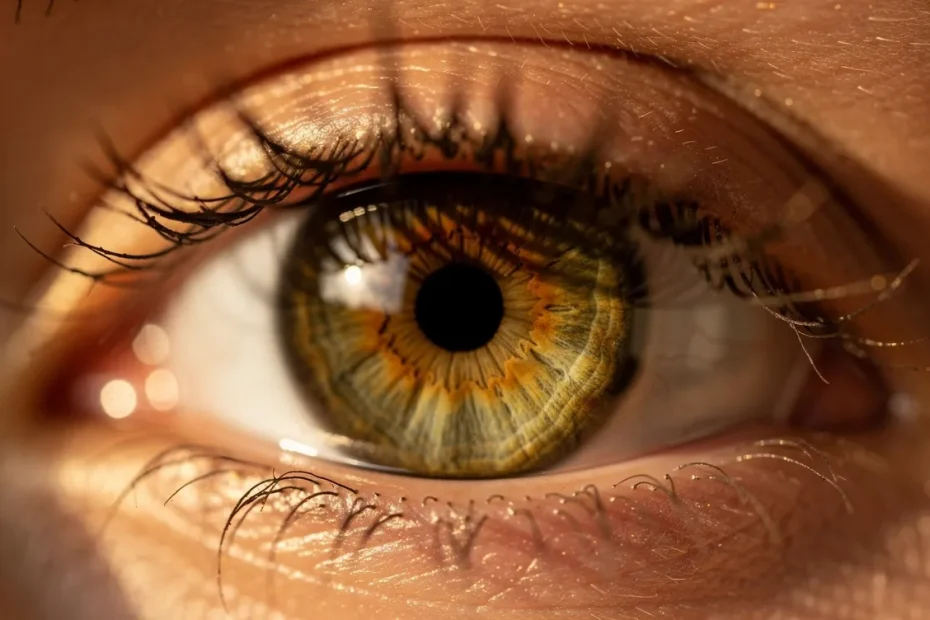 Gros plan photoréaliste d’un œil noisette aux reflets verts et dorés, baigné d’une lumière dorée douce.