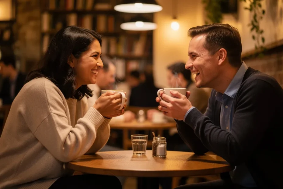 Deux personnes assises face à face dans un café chaleureux échangent un regard complice en riant autour d’un café.