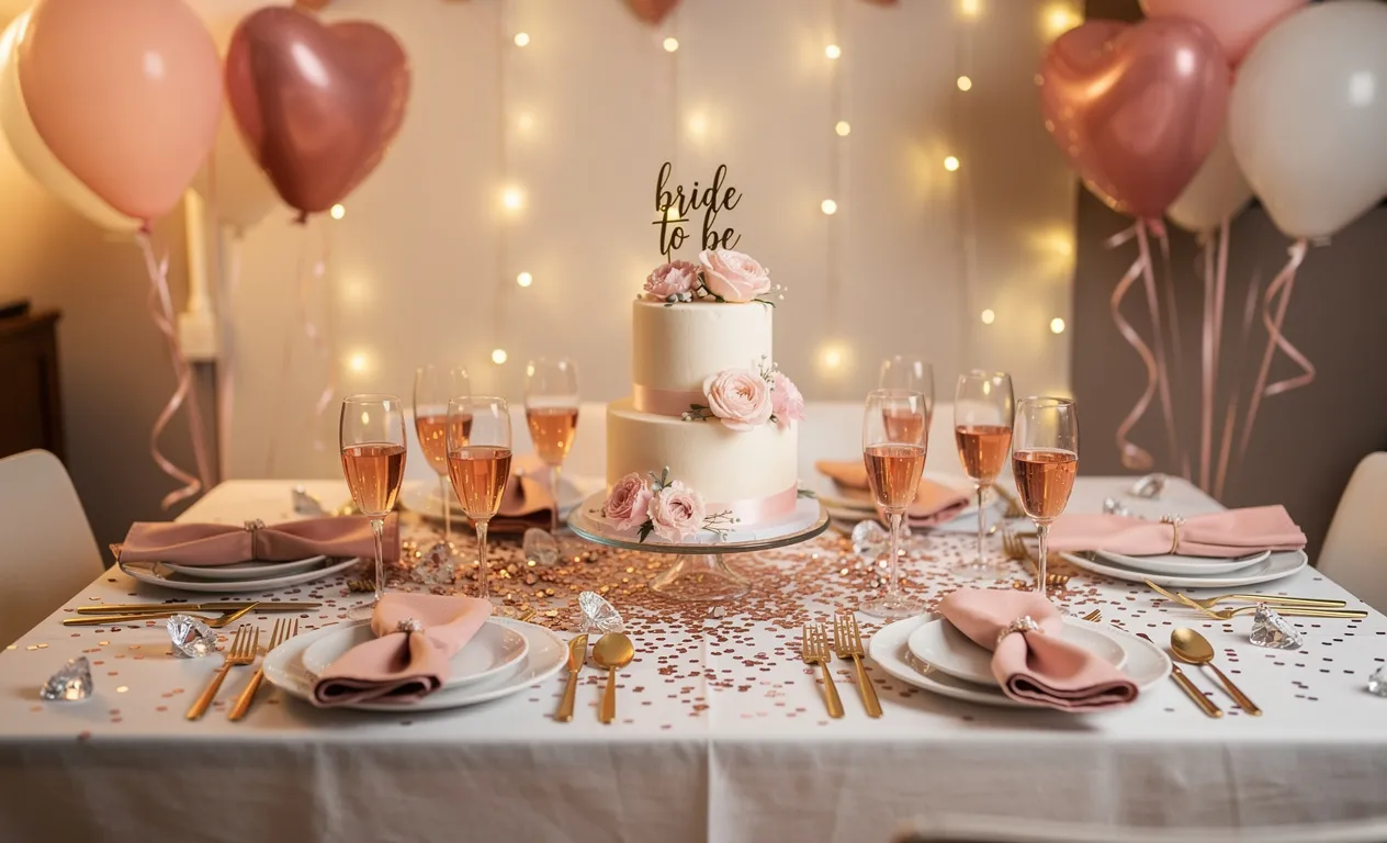 Une table élégamment dressée pour un enterrement de vie de jeune fille avec ballons roses, confettis et un gâteau en centre, sous une lumière tamisée.