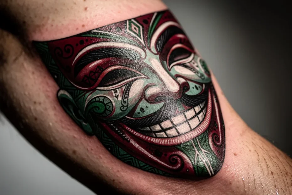Gros plan sur un tatouage d’avant-bras représentant un masque de joker coloré avec des motifs détaillés sur une peau légèrement floue.