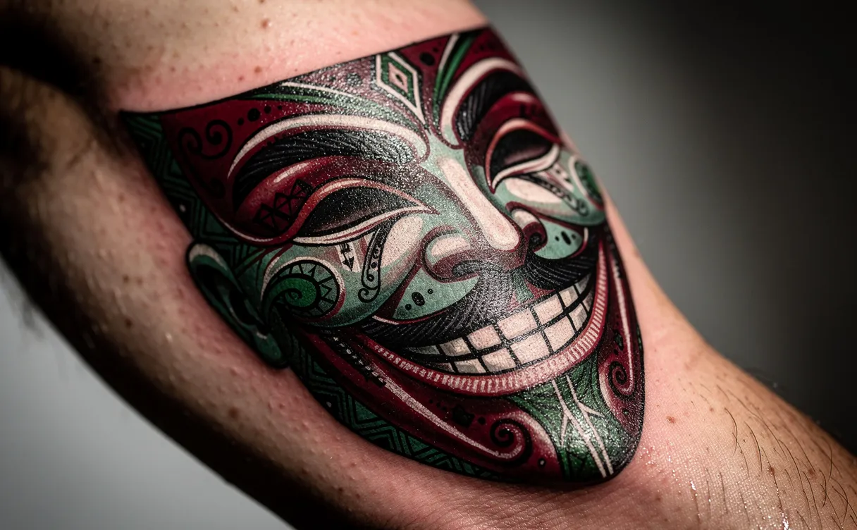Gros plan sur un tatouage d’avant-bras représentant un masque de joker coloré avec des motifs détaillés sur une peau légèrement floue.