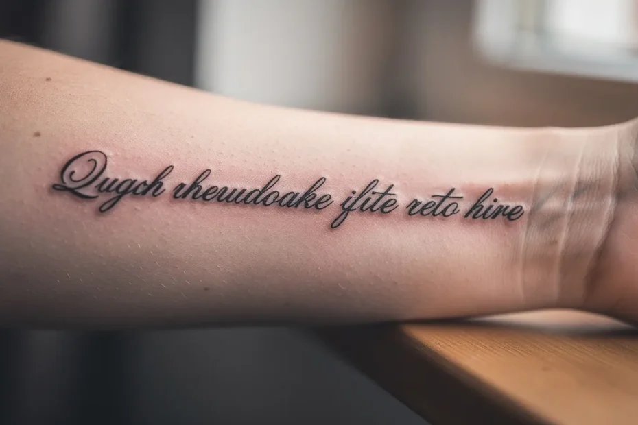Avant-bras de femme avec un tatouage en écriture élégante entourant sa peau, éclairé par une lumière naturelle douce et un fond flou.