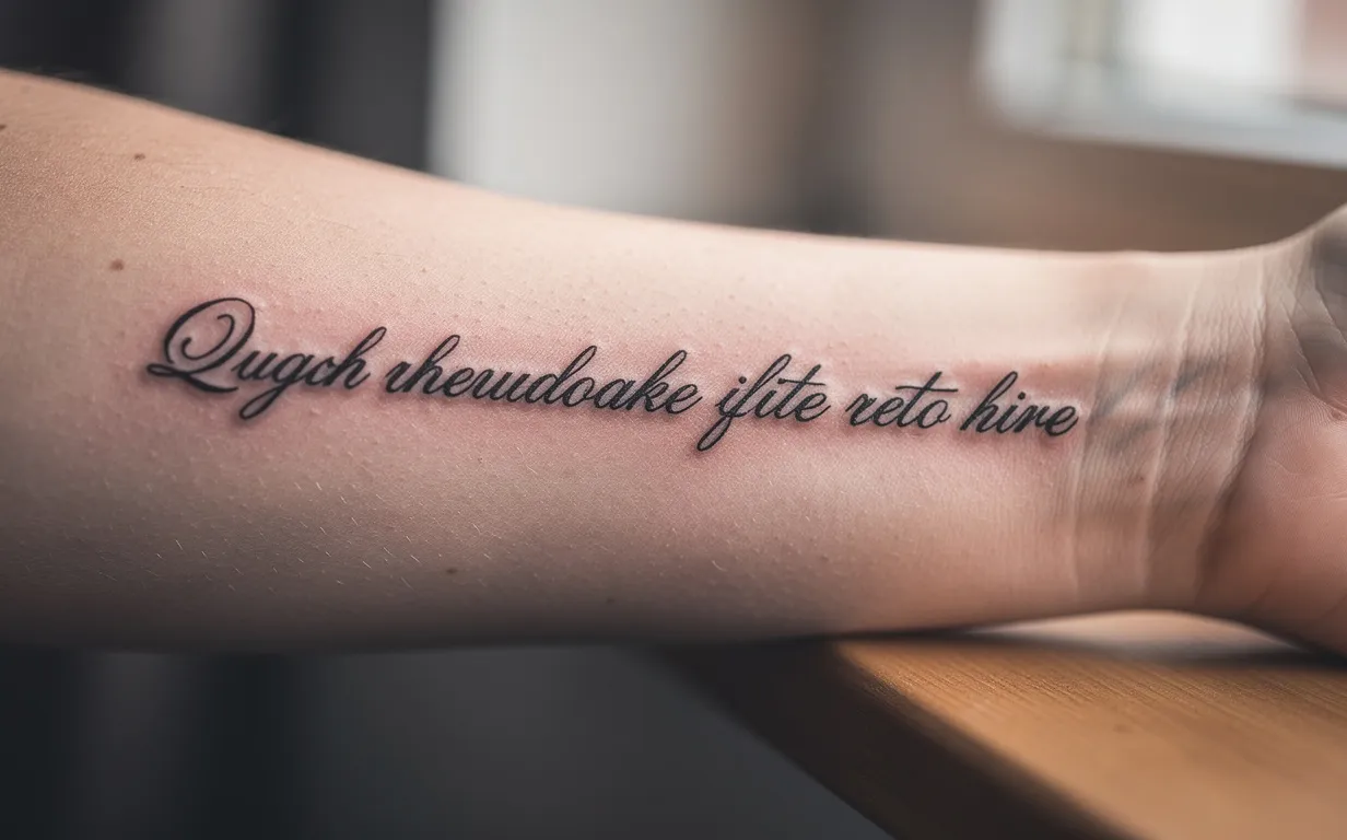 Avant-bras de femme avec un tatouage en écriture élégante entourant sa peau, éclairé par une lumière naturelle douce et un fond flou.