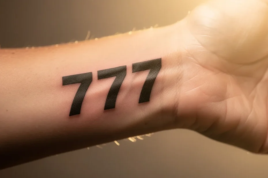 Un poignet élégant orné d’un tatouage noir 777, mis en valeur par une lumière dorée discrète.
