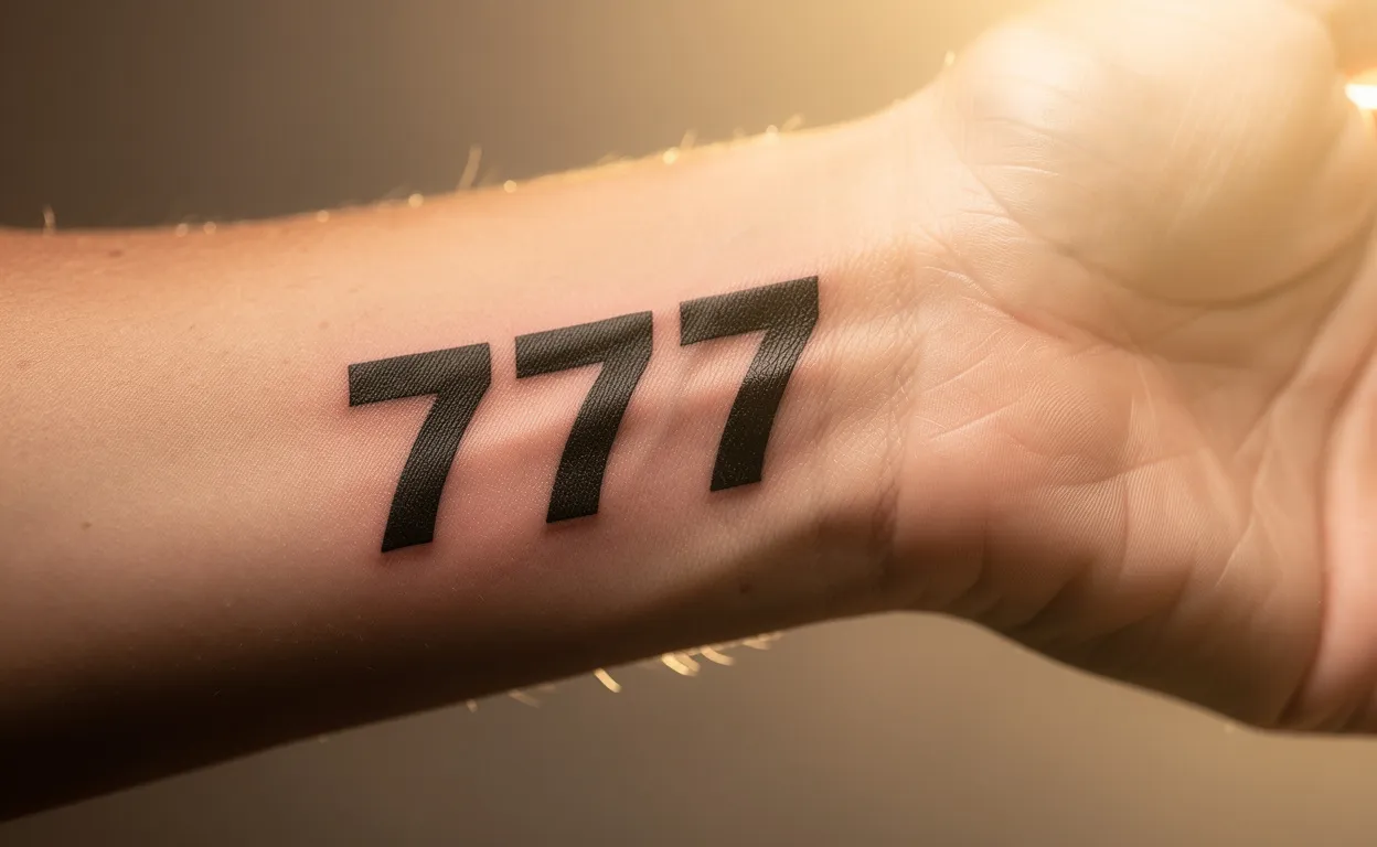 Un poignet élégant orné d’un tatouage noir 777, mis en valeur par une lumière dorée discrète.