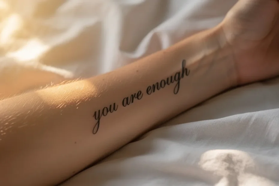 Avant-bras reposant sur un drap avec un tatouage de mots inspirants en écriture élégante, éclairé par une lumière douce et chaleureuse.