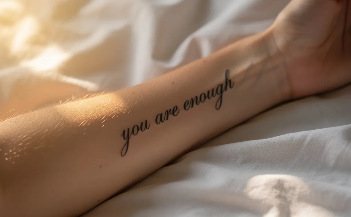 Avant-bras reposant sur un drap avec un tatouage de mots inspirants en écriture élégante, éclairé par une lumière douce et chaleureuse.