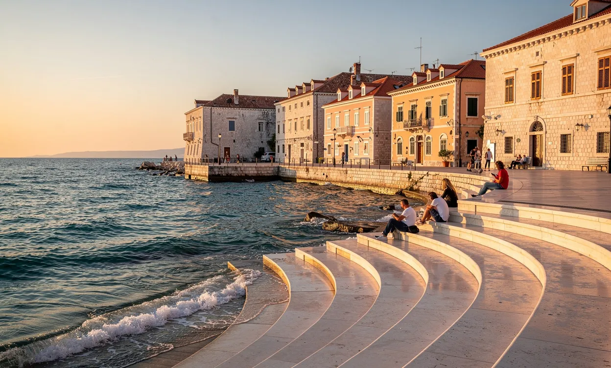 Le vieil Zadar au bord de l’eau avec l’orgue marin, des vagues douces et des bâtiments anciens éclairés par la lumière dorée.