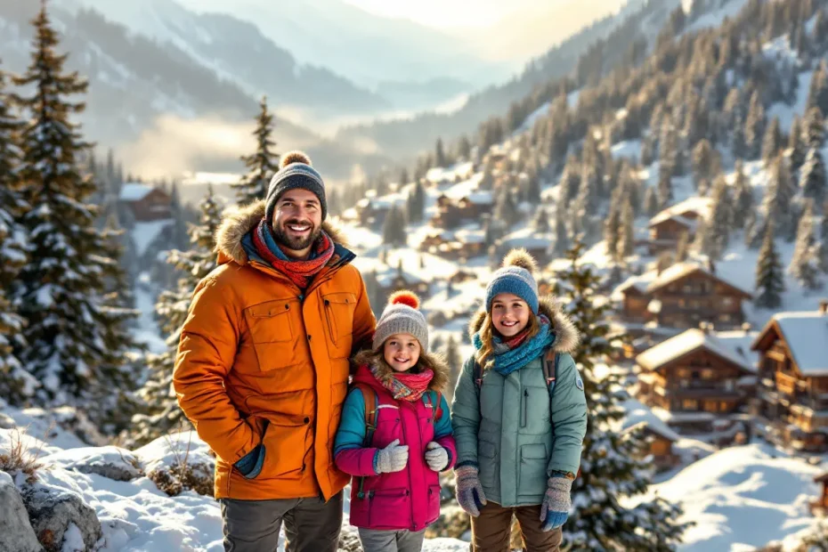 Une famille de quatre personnes en tenue d'hiver se tient au bord d'un sentier enneigé surplombant une vallée alpine avec des pins et des chalets en bois sous la lumière dorée du matin.