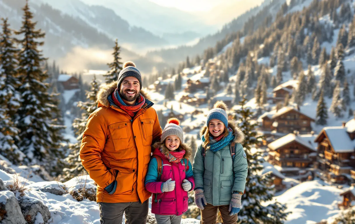 Une famille de quatre personnes en tenue d'hiver se tient au bord d'un sentier enneigé surplombant une vallée alpine avec des pins et des chalets en bois sous la lumière dorée du matin.