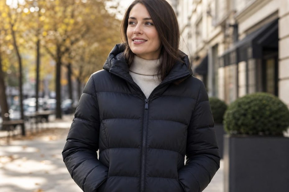 Femme souriante en doudoune noire à capuche et pull col roulé dans une rue arborée en automne