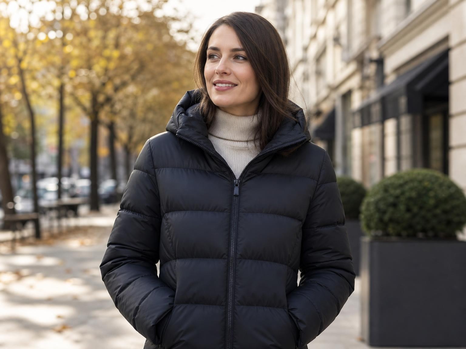Femme souriante en doudoune noire à capuche et pull col roulé dans une rue arborée en automne