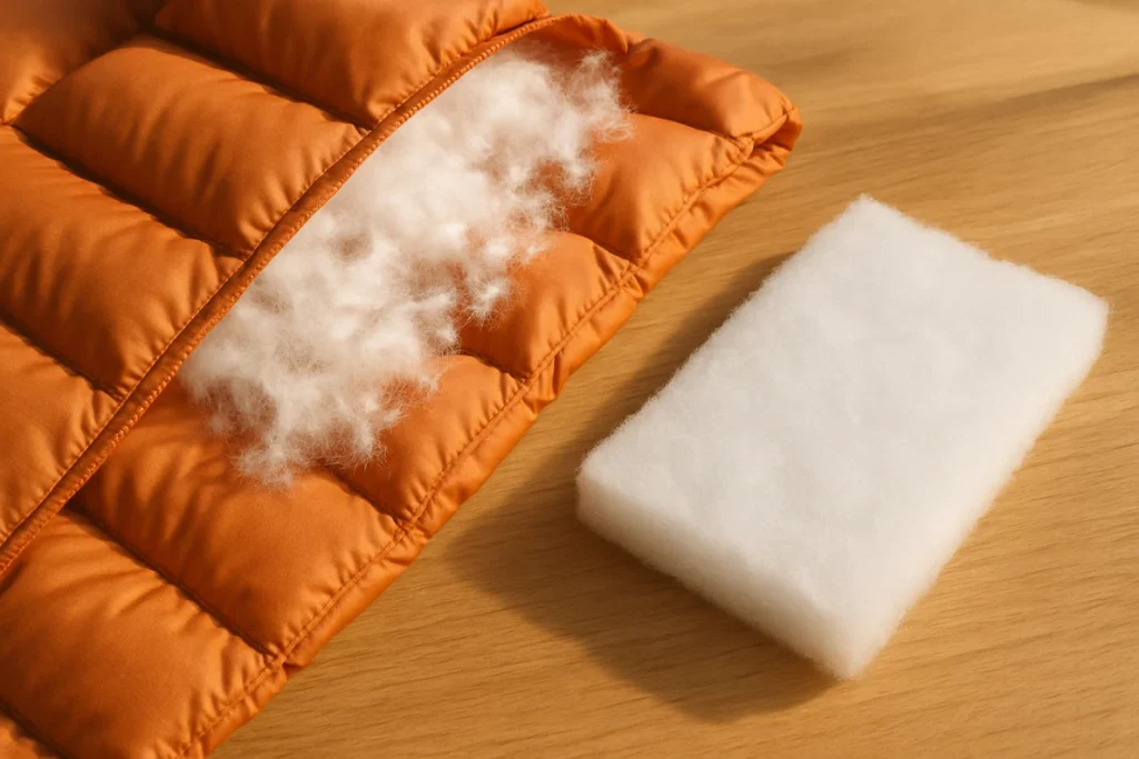 Doudoune matelassée ouverte montrant le garnissage en duvet à côté d'un isolant synthétique